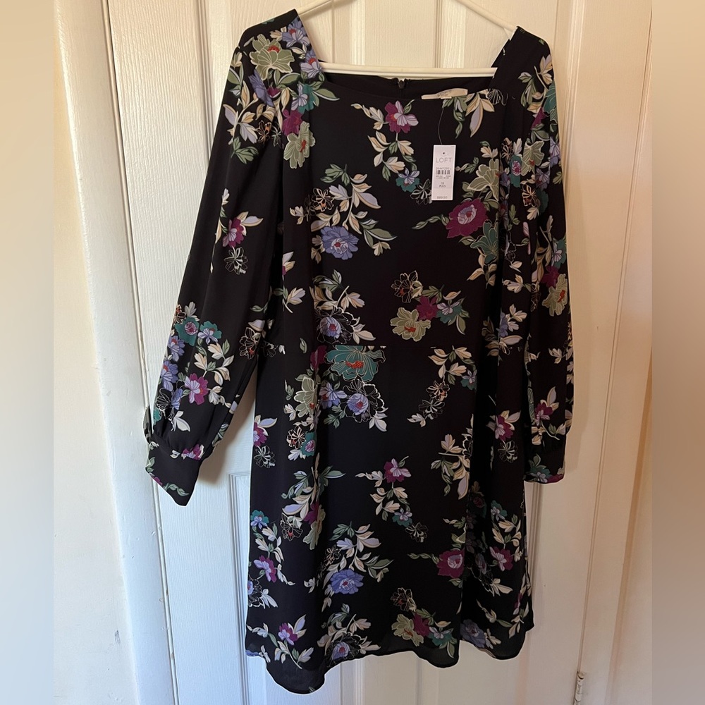 LOFT Long Sleeve Square Neck Black Midi Dress with Purple & Green Floral Print